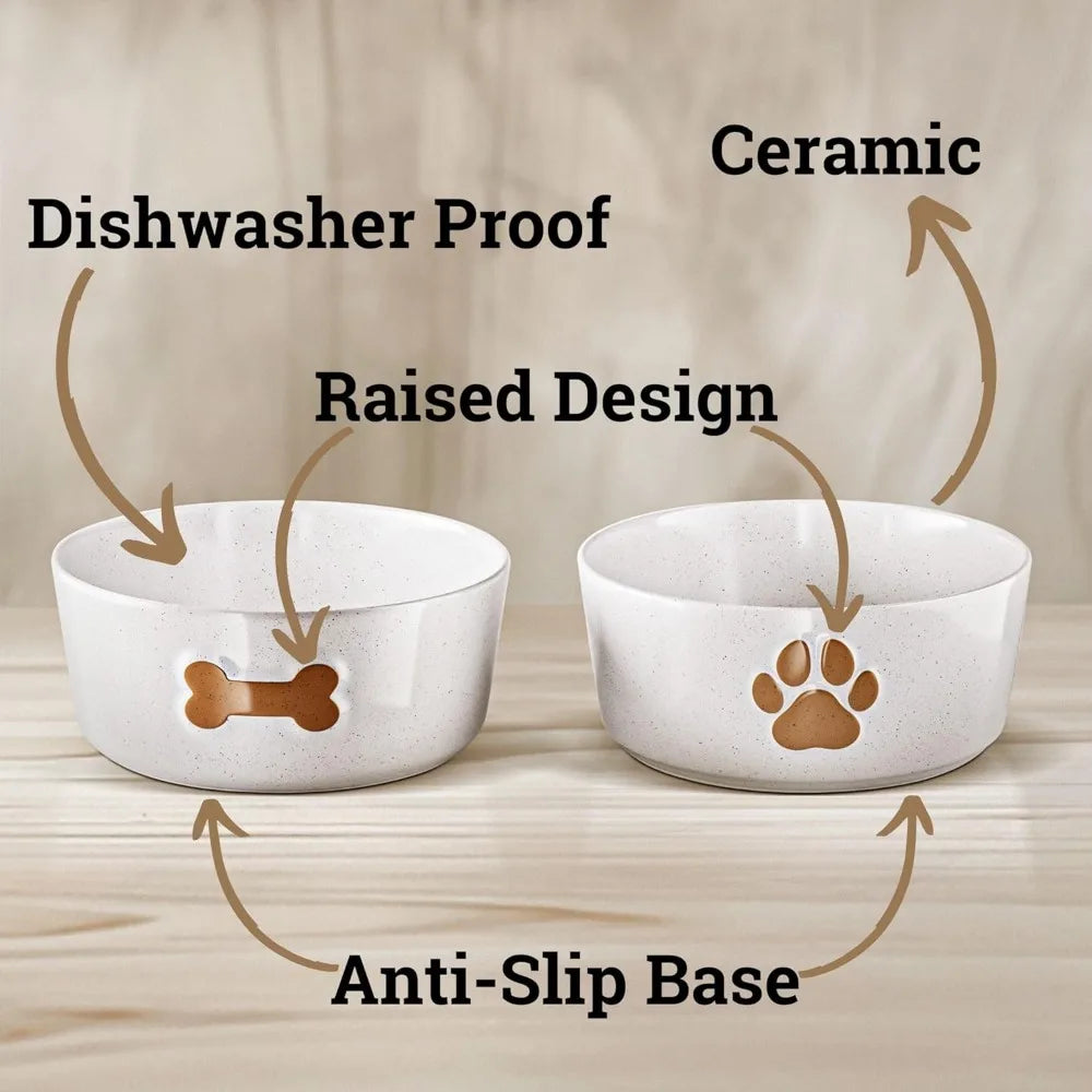 Ceramic Dog Bowl Set of 2 with Anti-Skid Base - 6.5" Wide x 2.5" Tall Ceramic Dog Bowl
