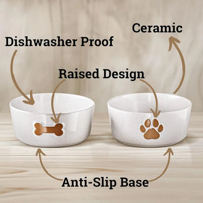 Ceramic Dog Bowl Set of 2 with Anti-Skid Base - 6.5" Wide x 2.5" Tall Ceramic Dog Bowl